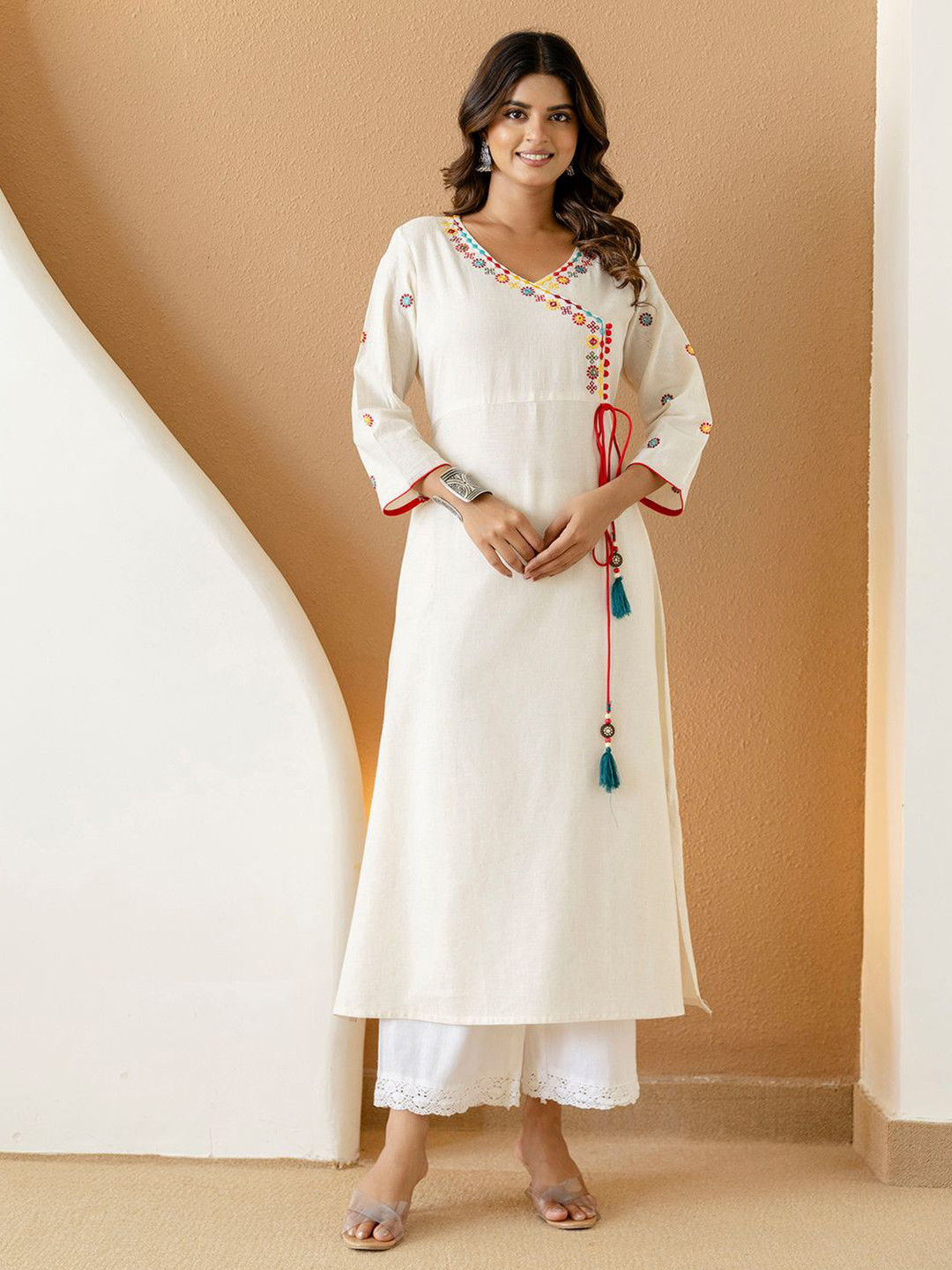 Cora Women Embroidered Angrakha Style Cotton Flared Kurta