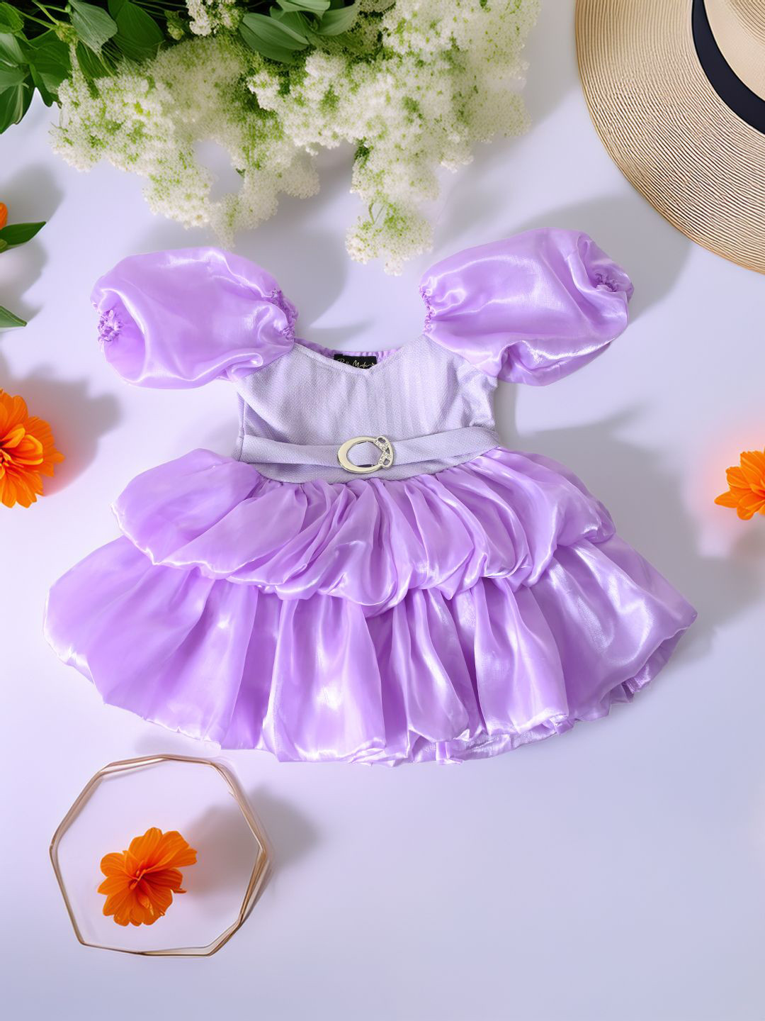 Bella Moda Girls Solid Puff Sleeves Layered Fit & Flare Dress