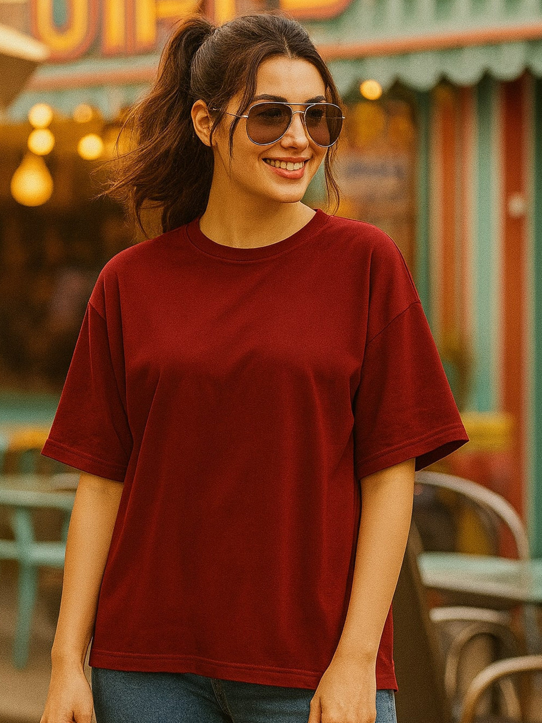 Maroon Round Neck Relaxed Fit Organic Cotton T-shirt