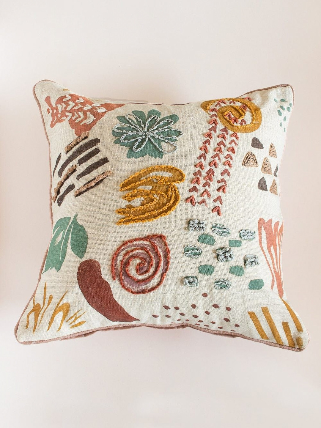 The Wishing Chair White & Rust Abstract Embroidered Cotton Square Cushion Cover