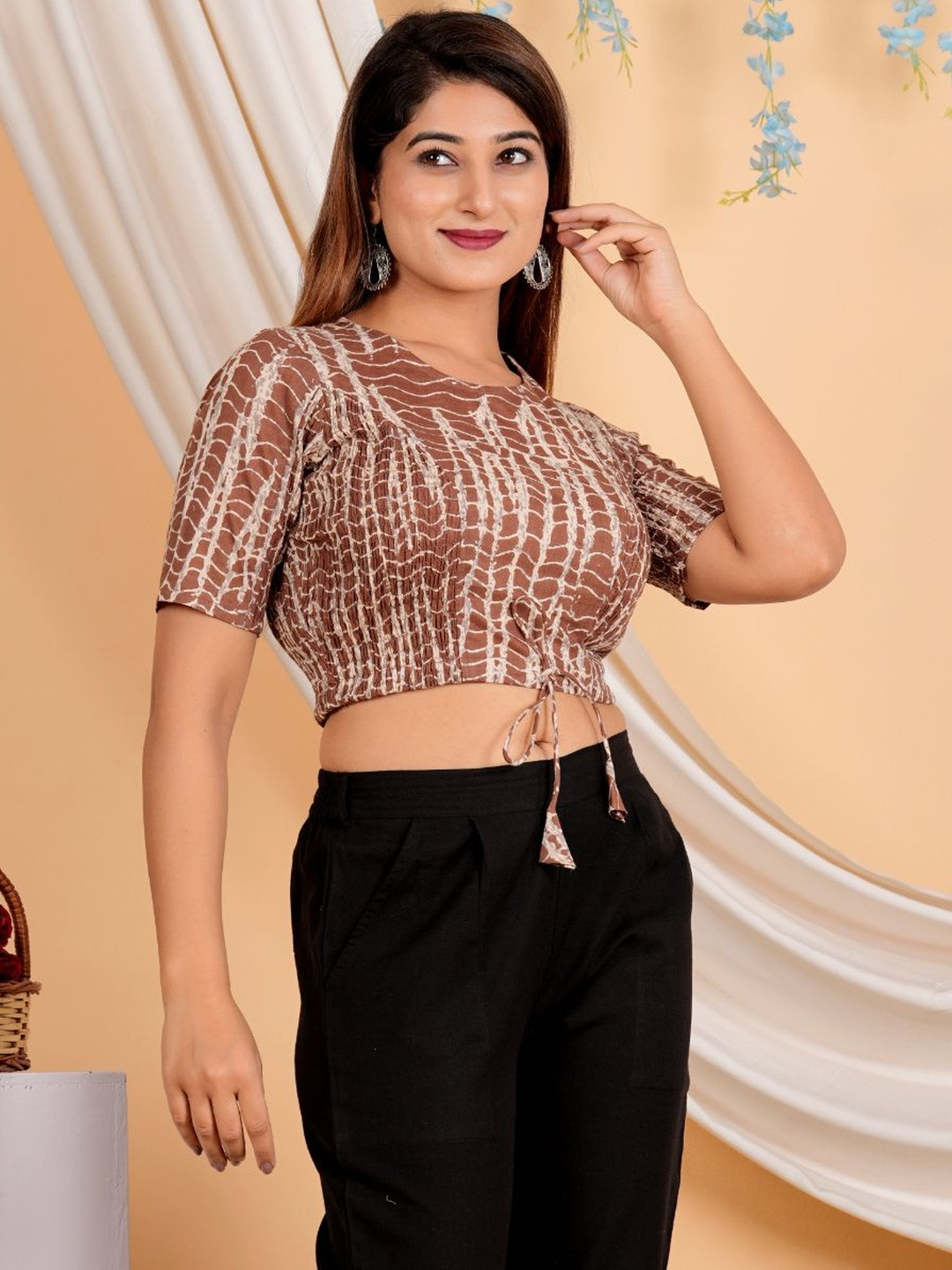 KALINI Women's Cotton Tie & Dye Printed Regular Blouse (Brown)