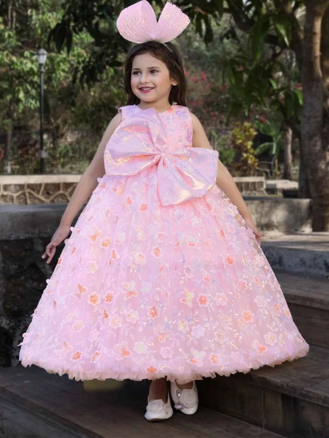 Lagorii Girls Floral Net With Sequin Flowers And Giant Bow Maxi Party Gown Dress