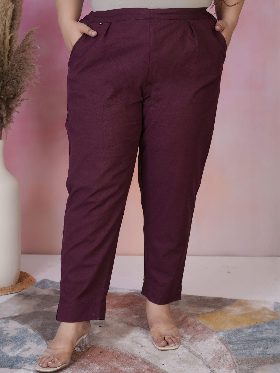 DressBerry Women Copper Cotton Solid Regular Trousers