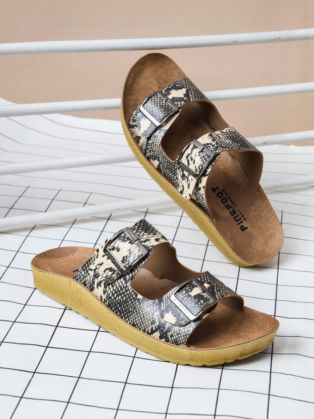 PU-PINE Men Printed Open Toe Slip-On Flats With Adjustable Buckles