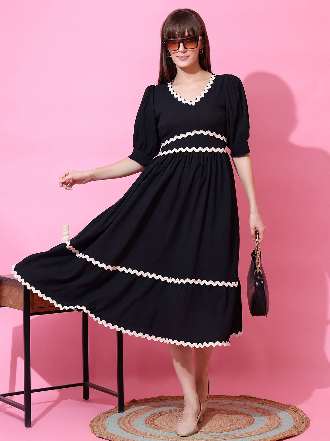 De La Moda V-Neck Puff Sleeve Ruffled  Fit & Flare Midi Dress