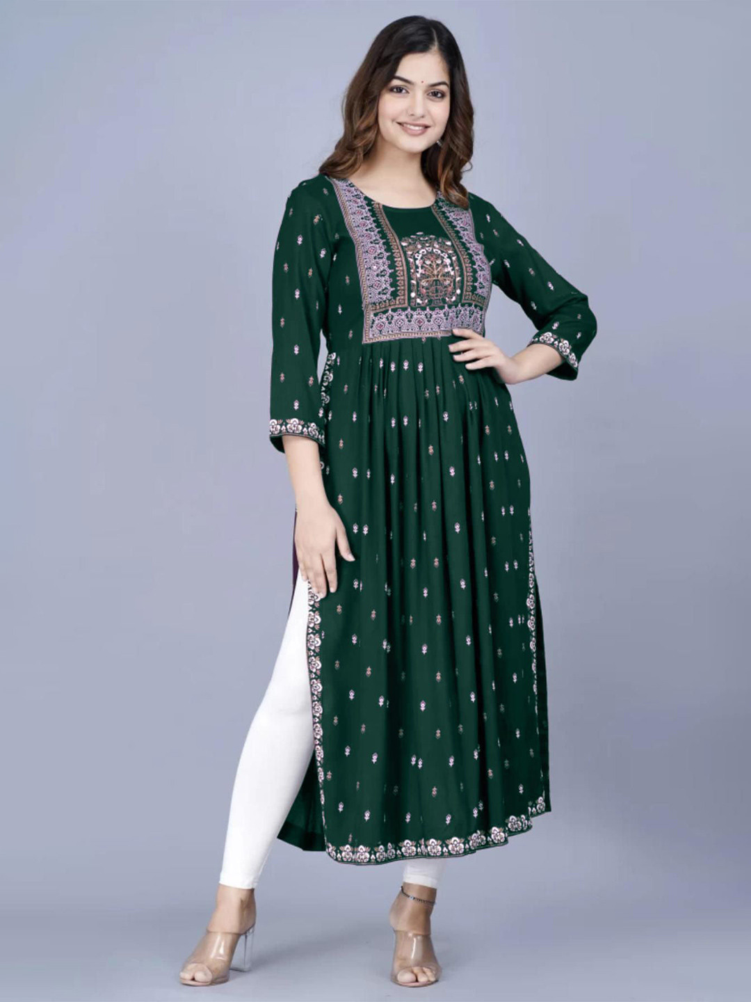 BRAHMASTRA Women Green Round Neck Viscose Rayon Printed A-Line Kurtis