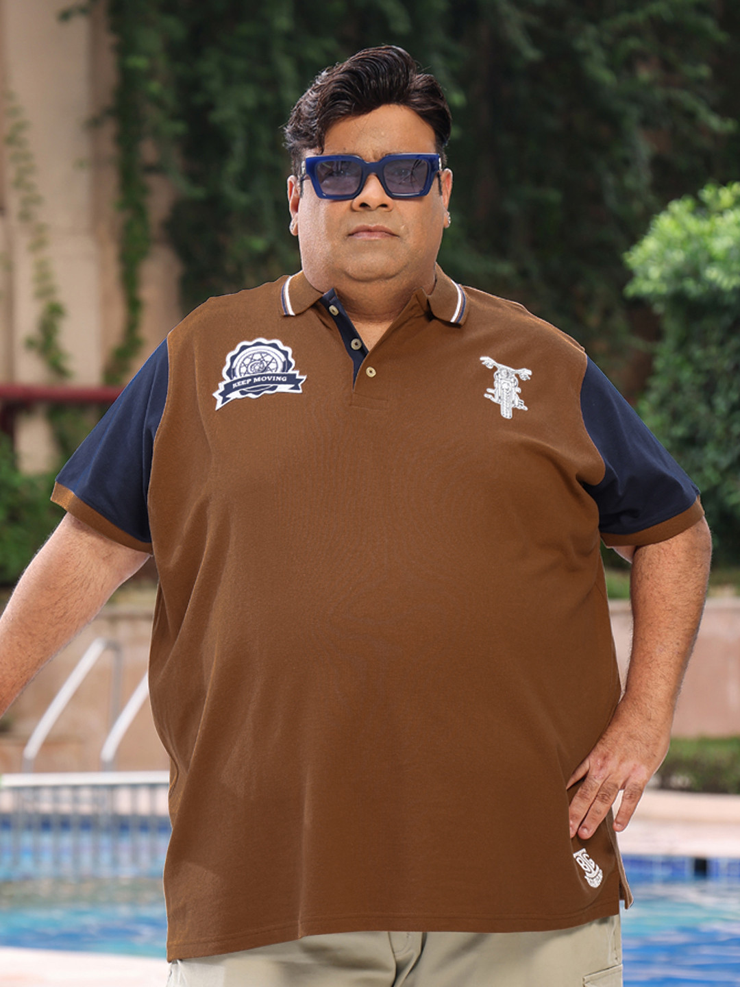 bigbanana Men Plus Size Brown & Navy Blue Colourblocked Polo Collar Pure Cotton T-shirt
