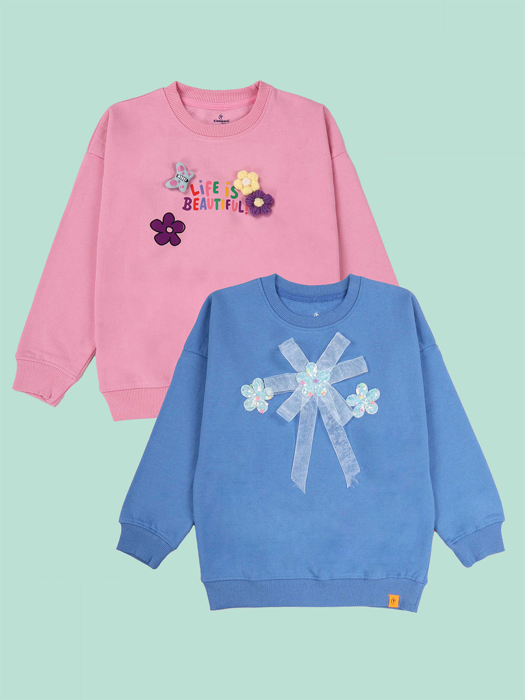 KiddoPanti Girls Pack Of 2 Self Design Embellished Pullover Sweatshirts