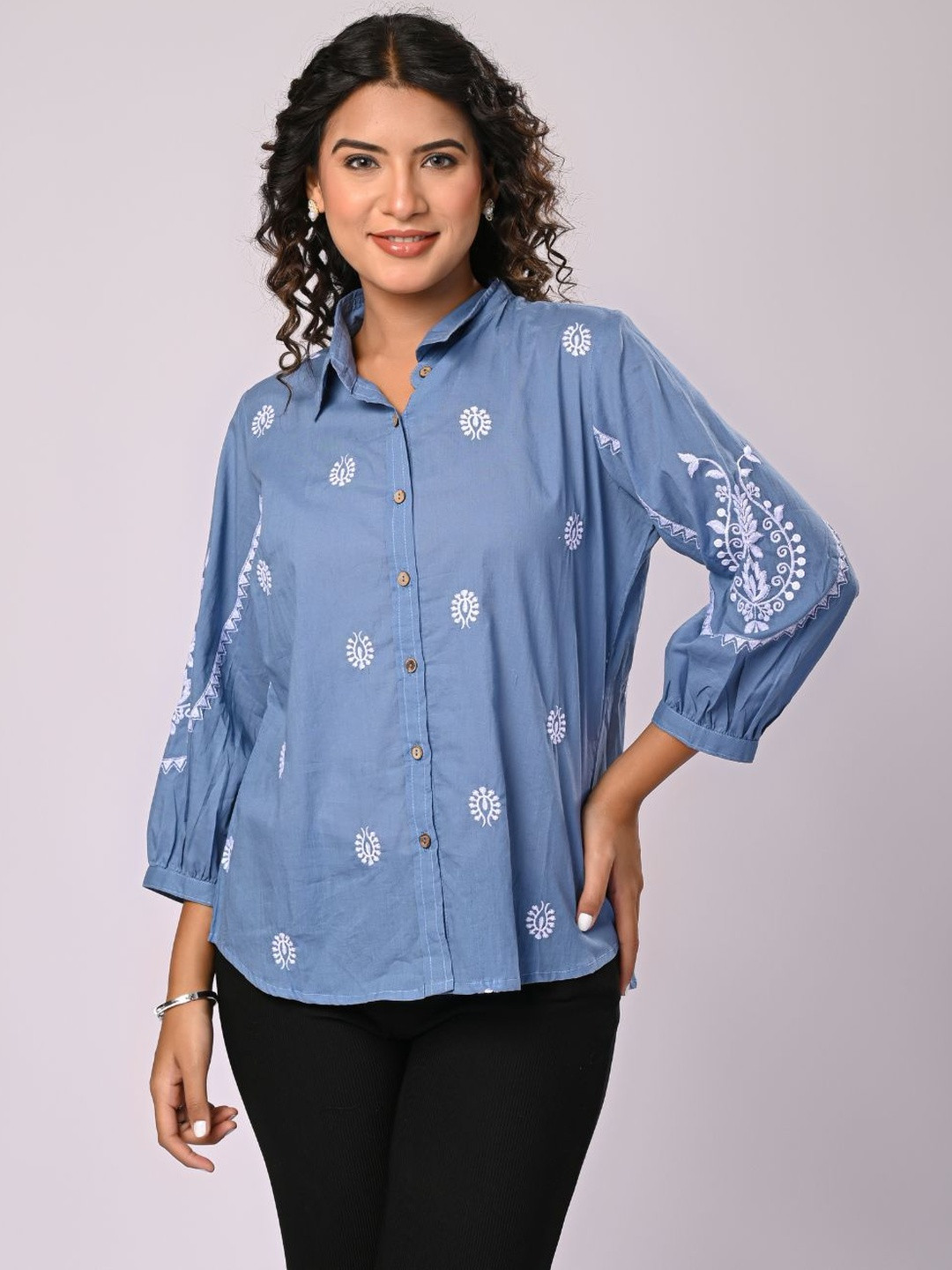 Zolo Label Embroidered Cotton Shirt With Statement Sleeves
