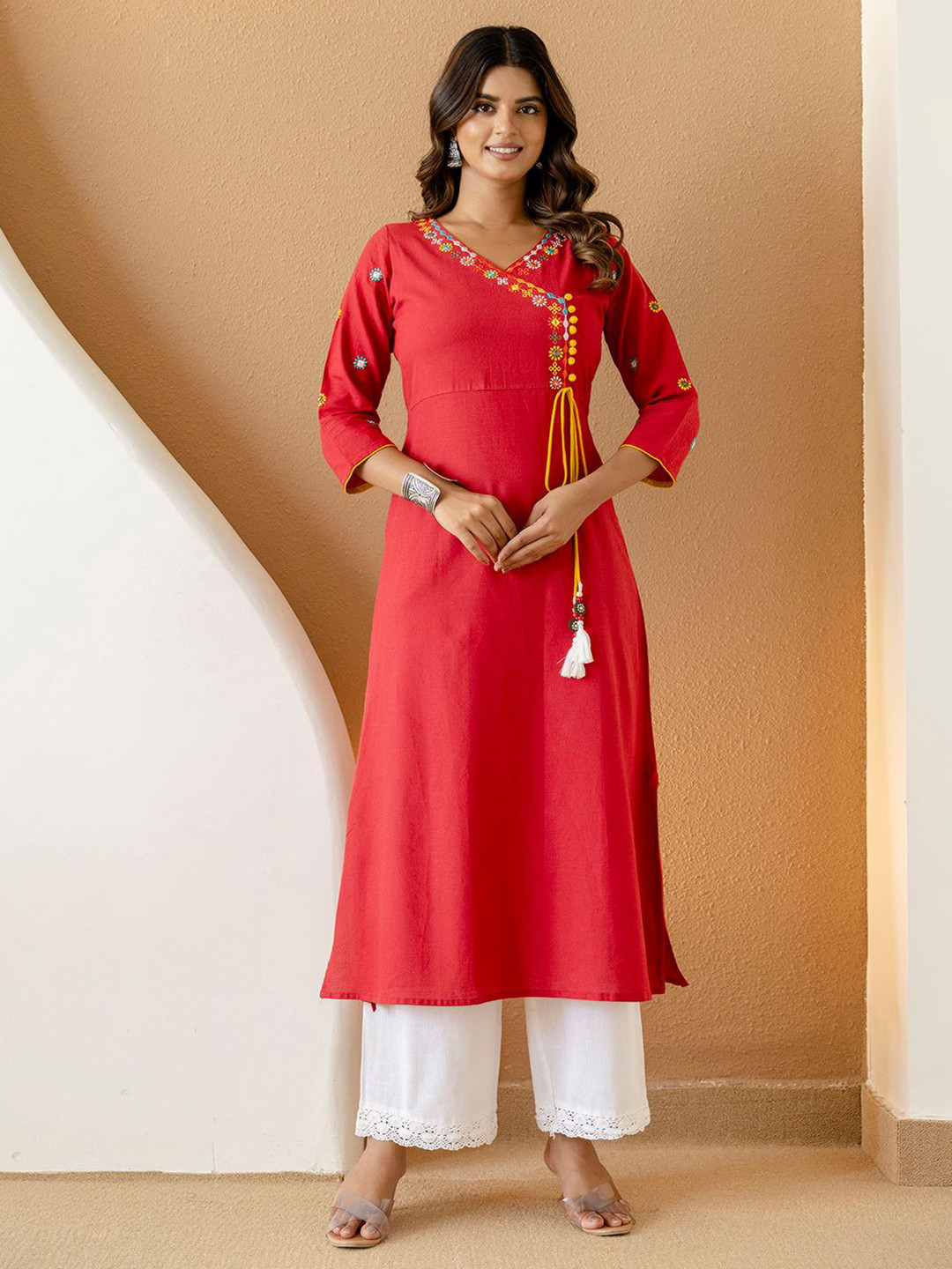 Cora Women V-Neck Embroidered Pure Cotton A-Line Straight Kurta