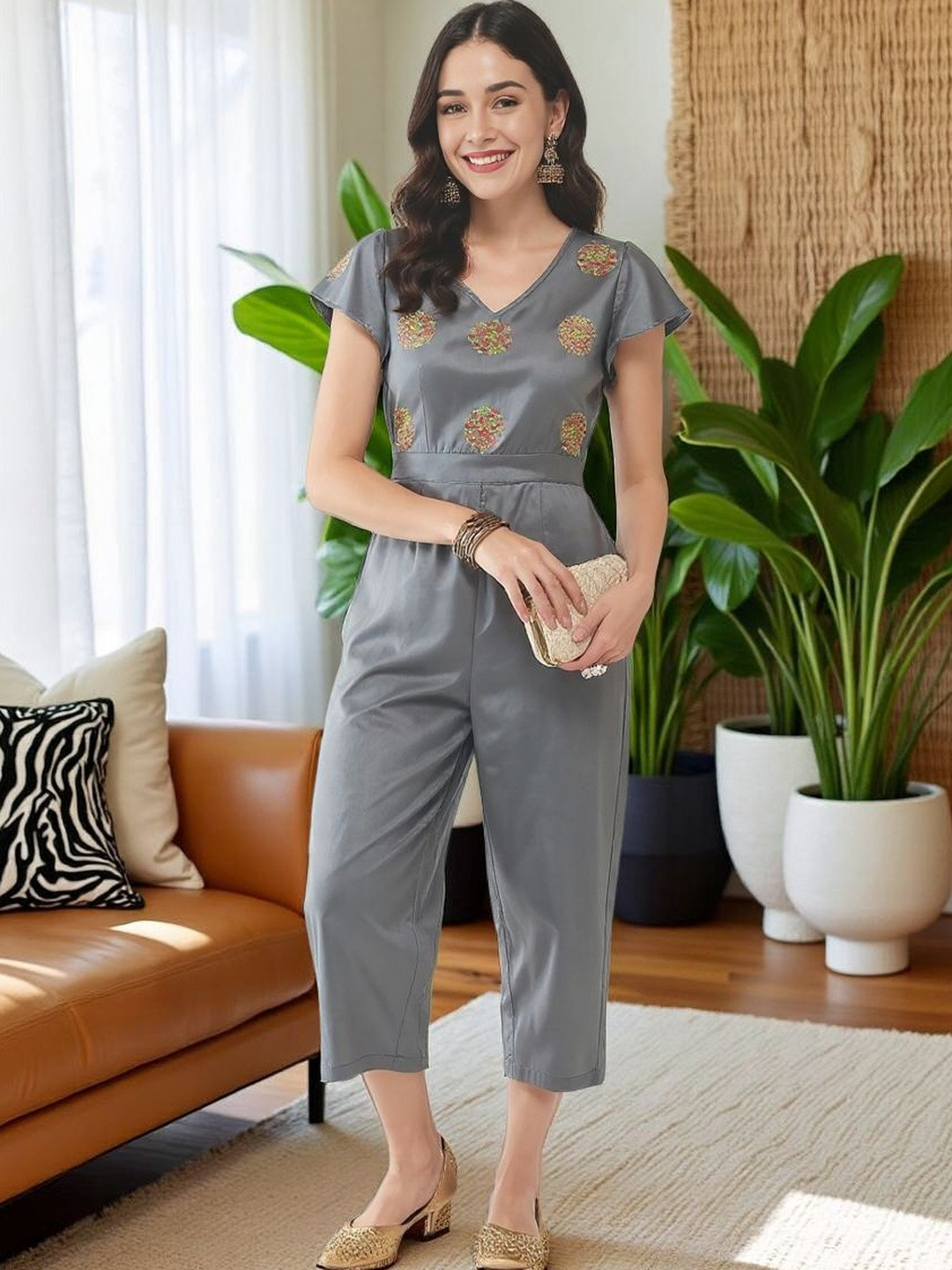 SZN Women Grey Floral Embroidered V-Neck Viscose Rayon Basic Jumpsuit