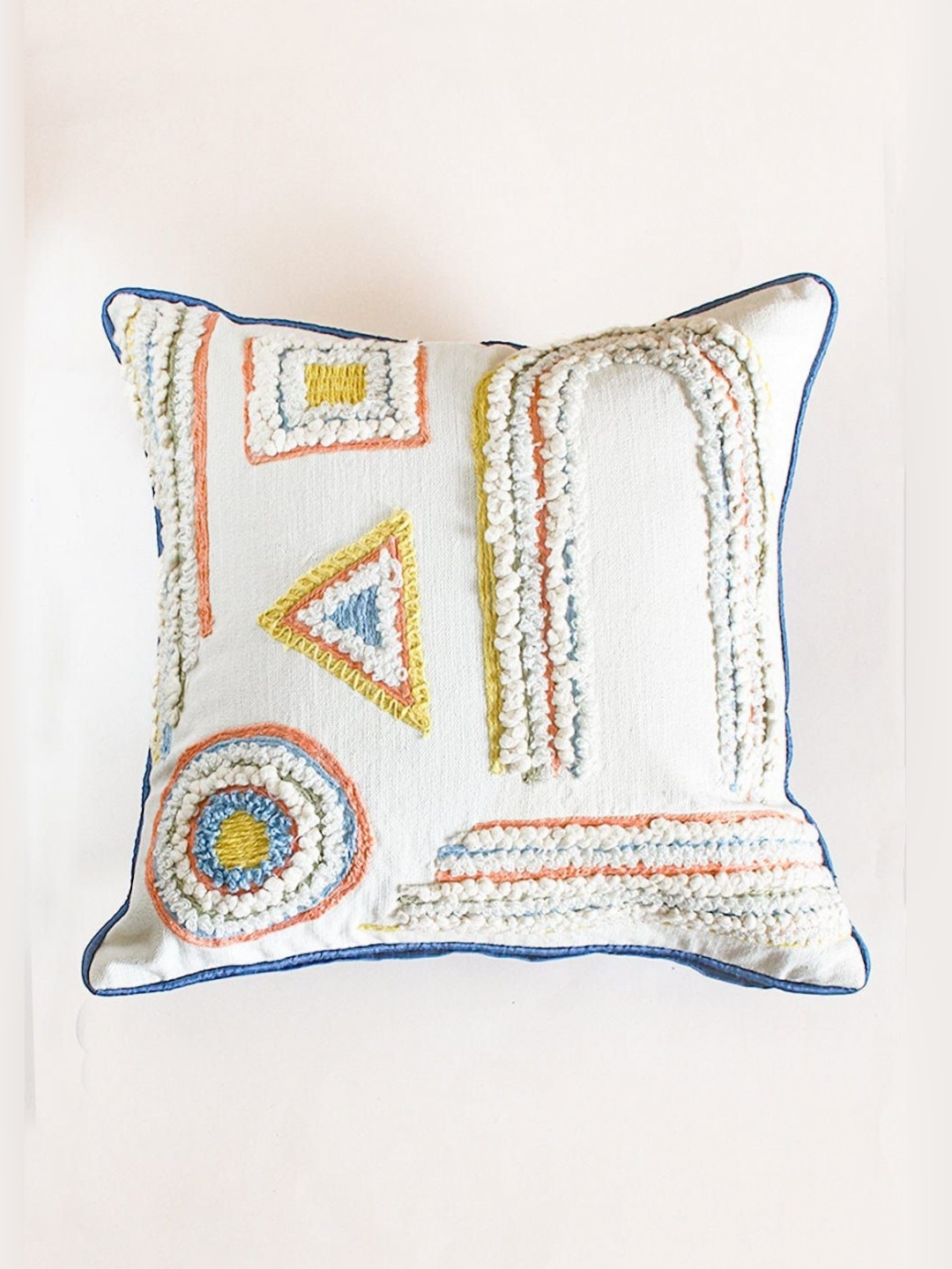 The Wishing Chair White & Blue Geometric Embroidered Square Cotton Cushion Covers