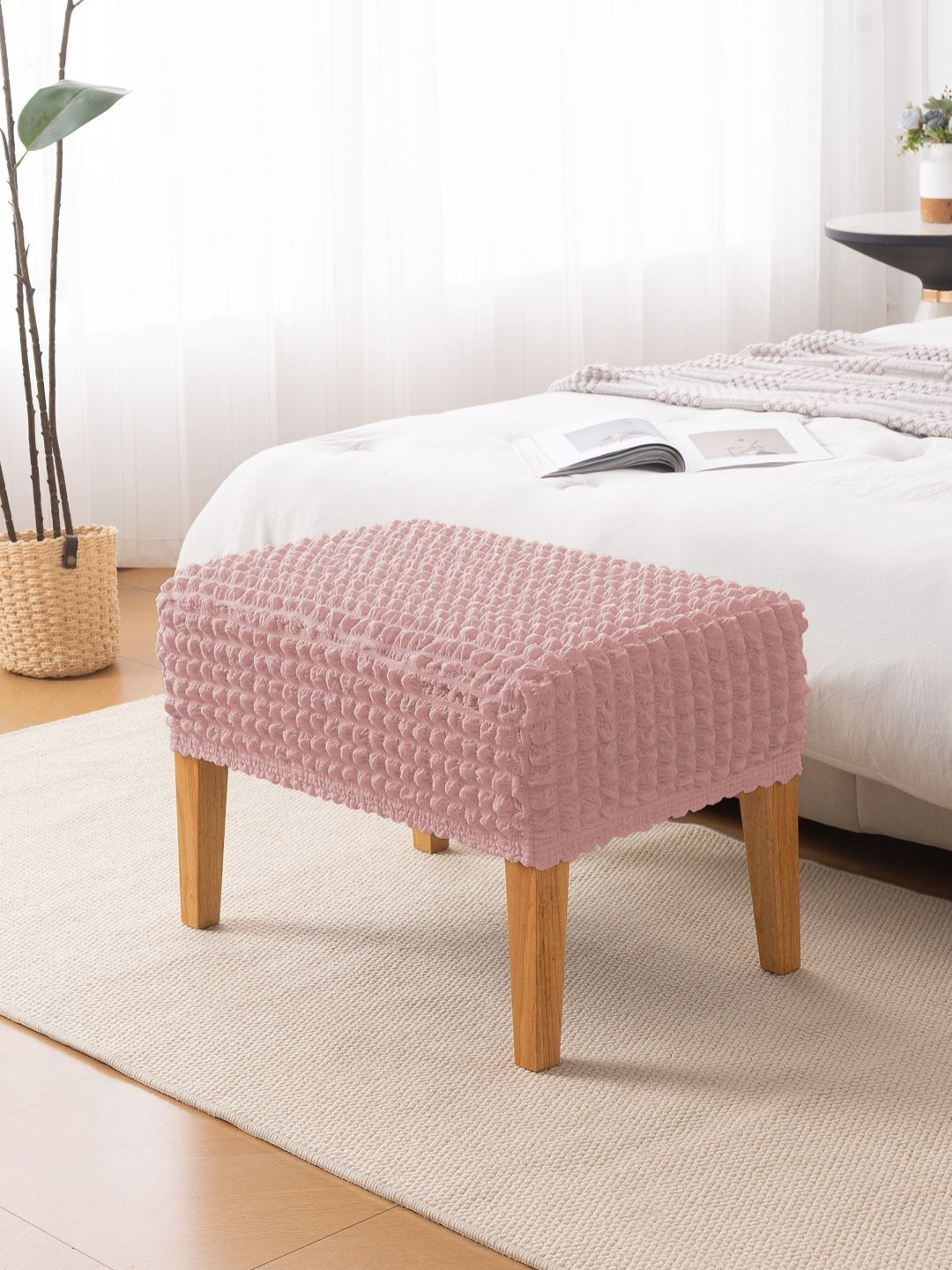 HOKIPO Aria Nova Tea Rose Pink 280 GSM Stretchable Bubble Small Foot Rest Stool Cover