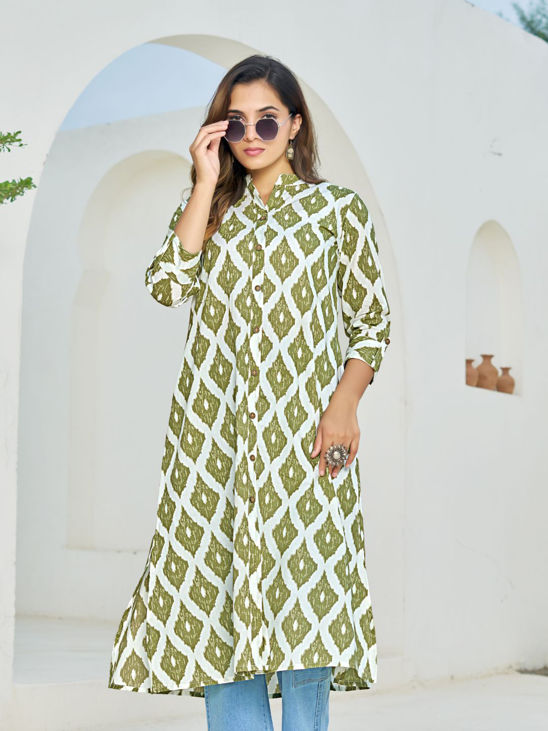 Kaftanize Women Olive Ikkat Print Long Kurti
