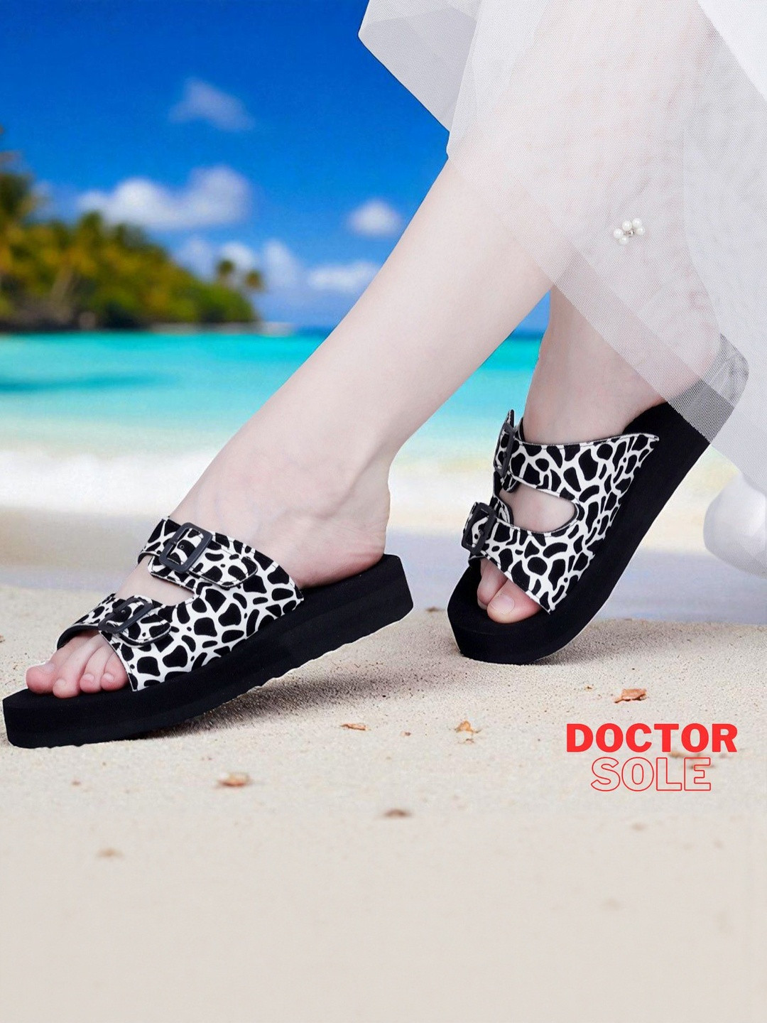 ZOVIM Women Black & White Round Toe Open Toe Flats