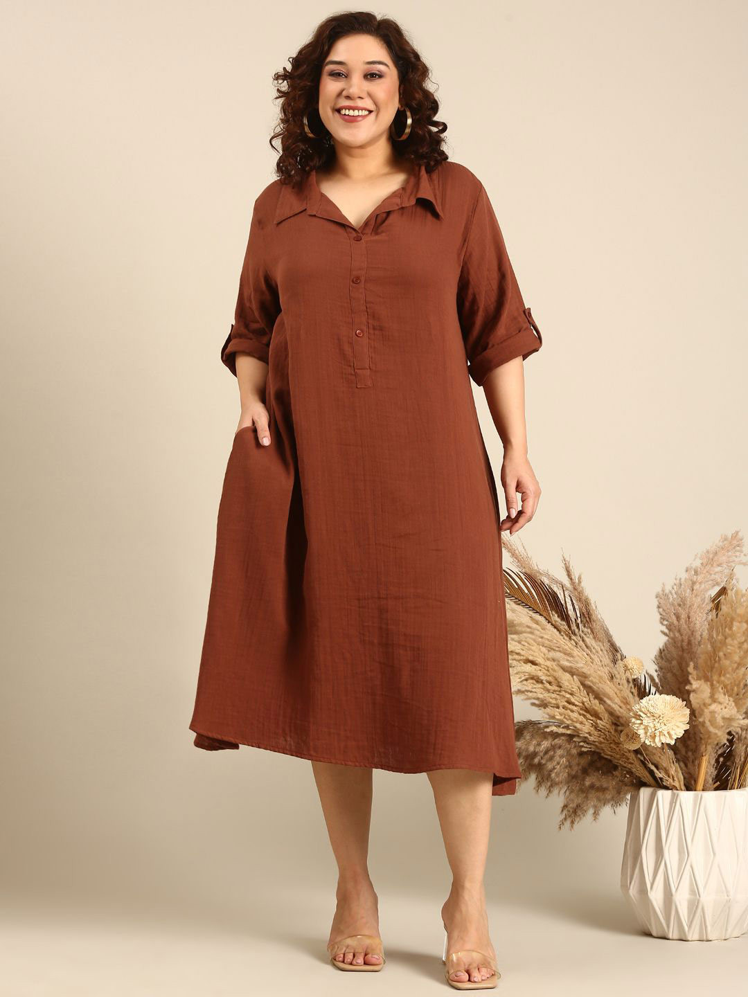 The Pink Moon Women Plus size Brown A-Line Shirt Dress