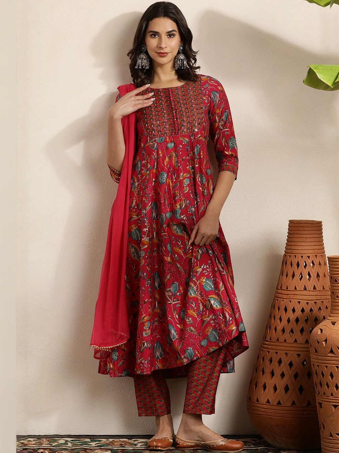 Sangria Floral Printed Empire Thread Work Chanderi Cotton Kurta with Trouser & Dupatta