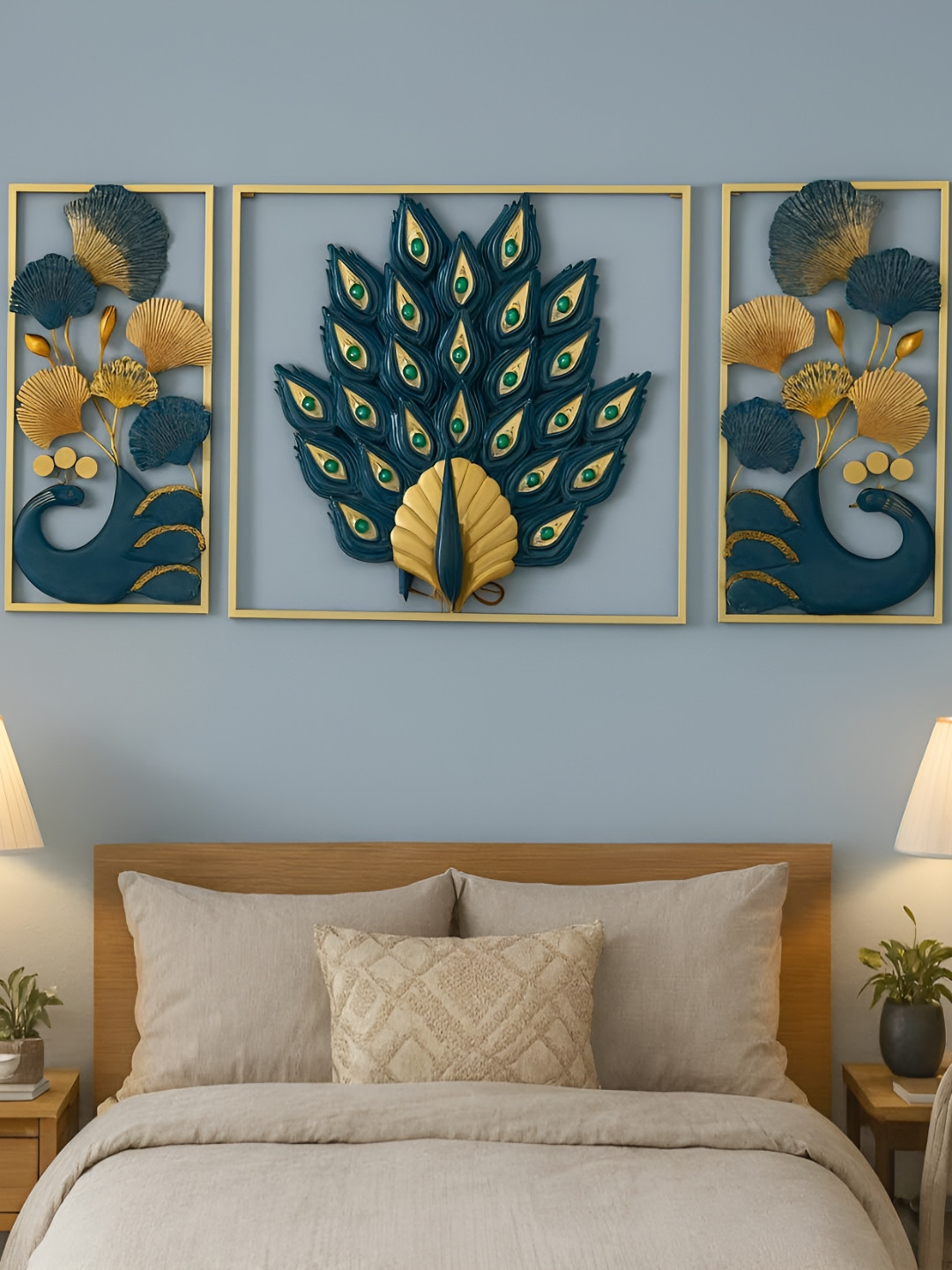 ANSHIKA INTERNATIONAL Green & Yellow 3 Pieces Peacock Wall Frames