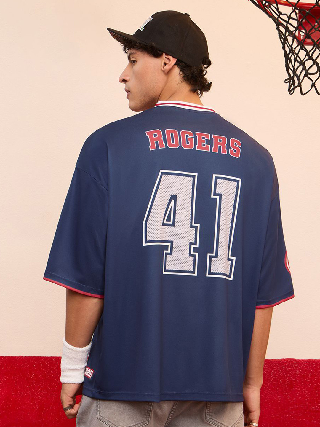 The Souled Store Marvel Captain America Printed V-Neck Drop-Shoulder Sleeves T-shirt