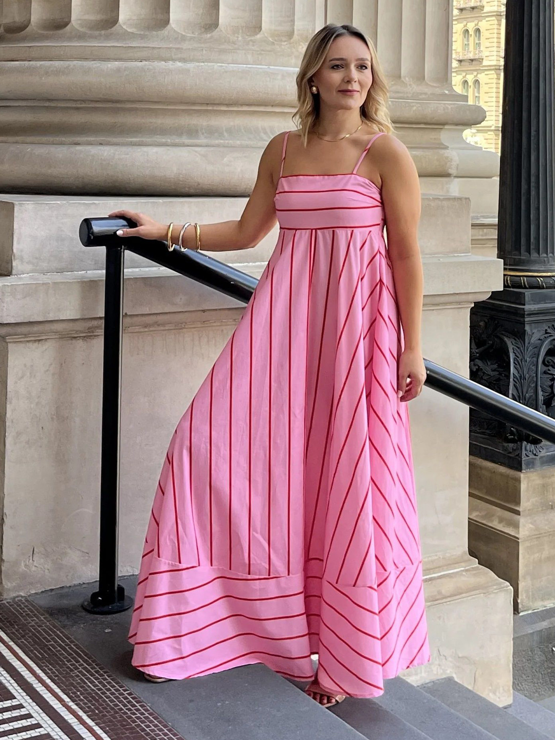 De La Moda Striped Printed Smocked Maxi Crepe Dress