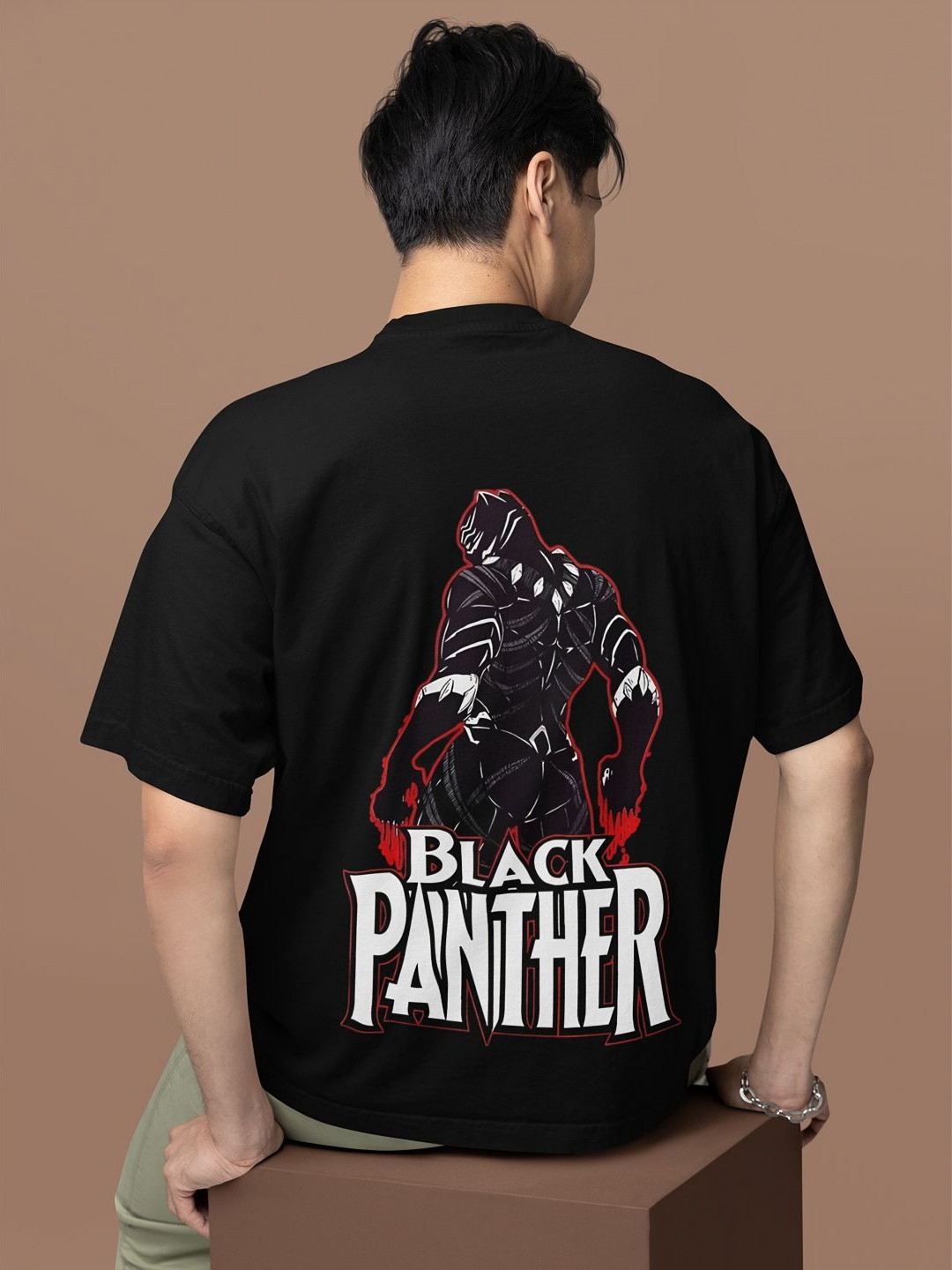HANGERHOOD Men Black Panther Graphic Printed Round Neck Pure Cotton Oversized T-shirt