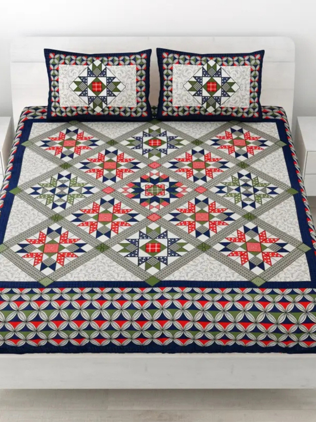 POORAK Blue & Green Floral 104 TC King Bedsheet Set  0.9 mx 1 m