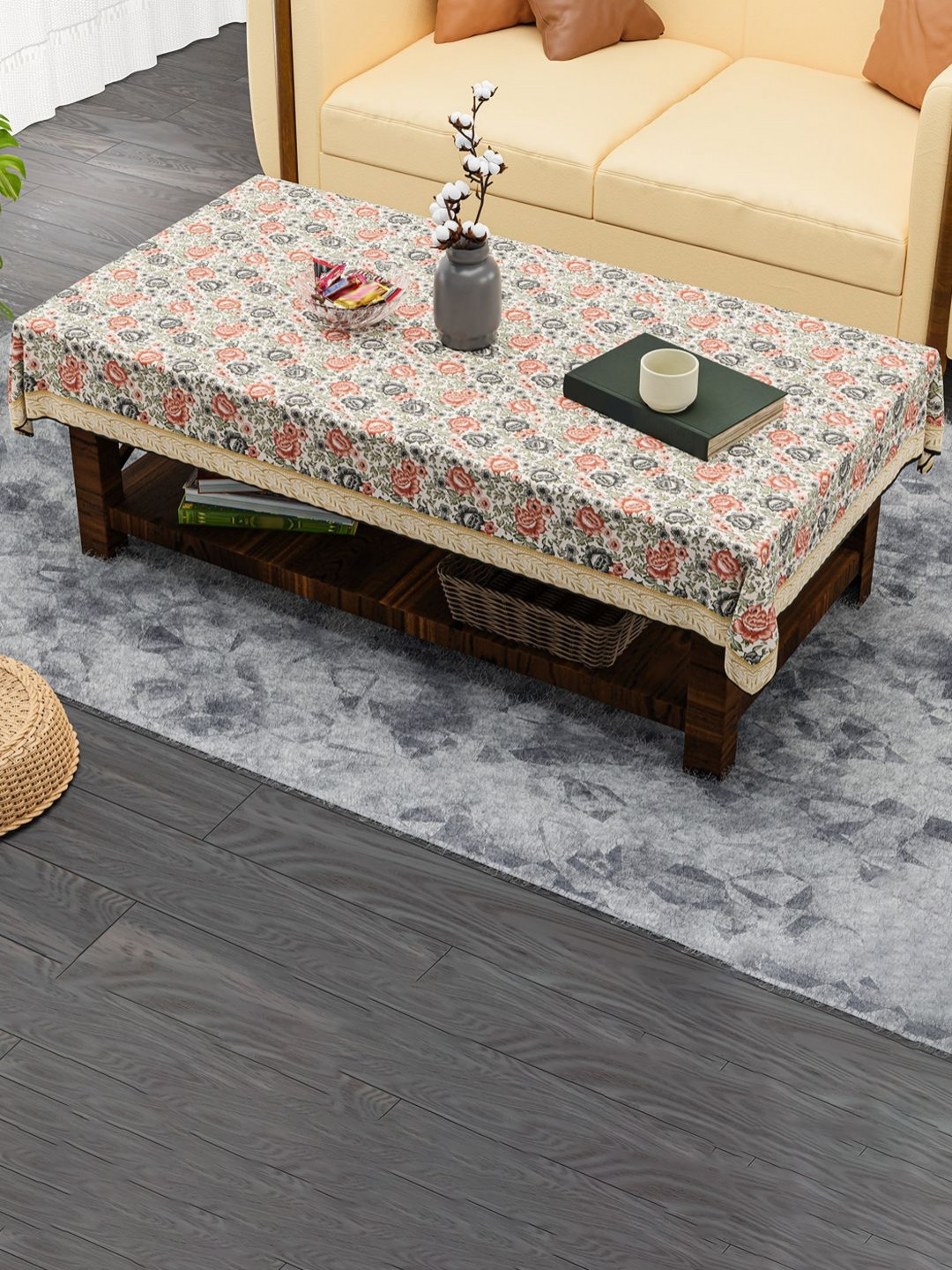 HOMESTIC Cream-Coloured Floral Anti-Skid Plastic 4-Seater Table Cover