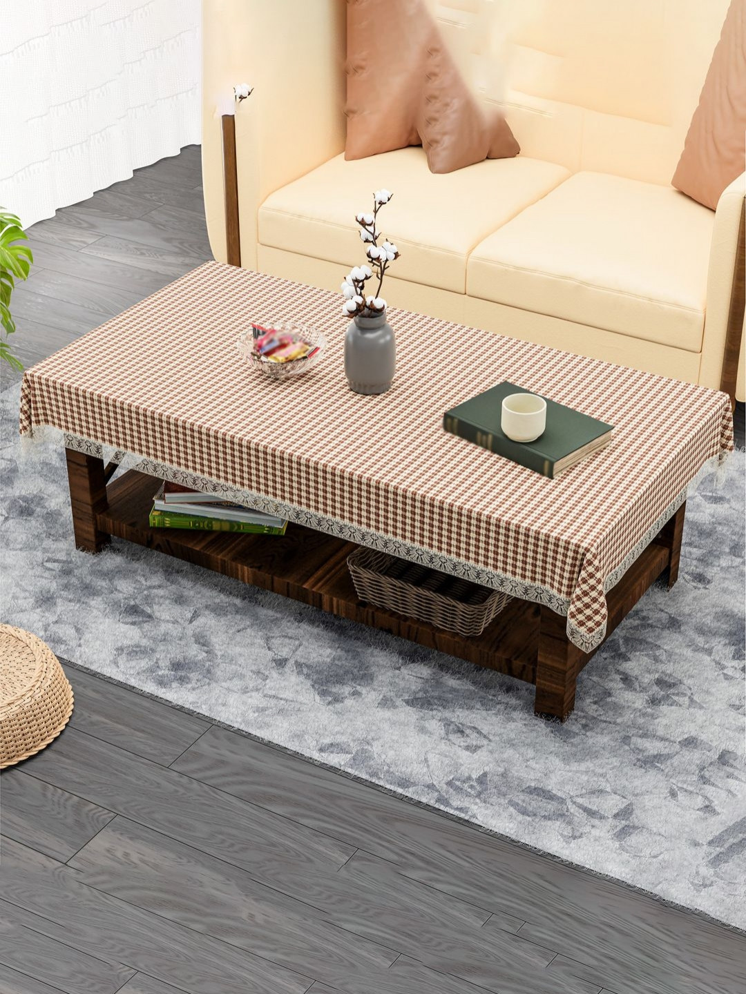 HOMESTIC Cream-Coloured & Brown Geometric Printed Anti-Skid 4-Seater Table Cover