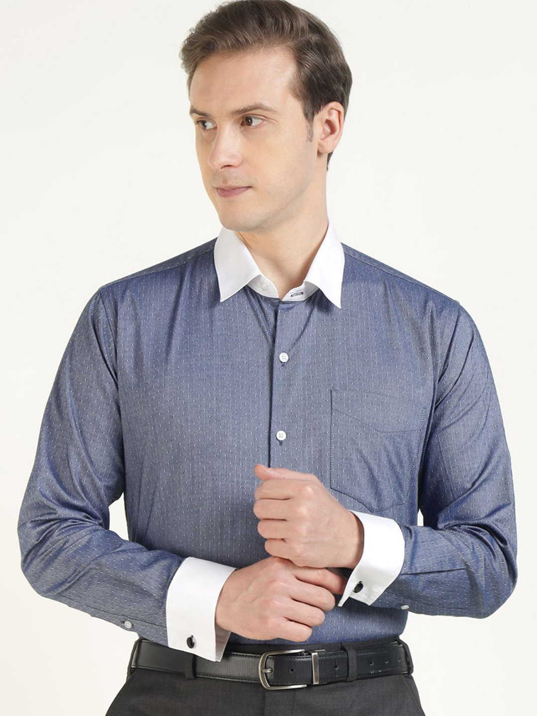 Hancock Men Self Design French Cuff Pure Cotton Slim Fit Formal Shirt