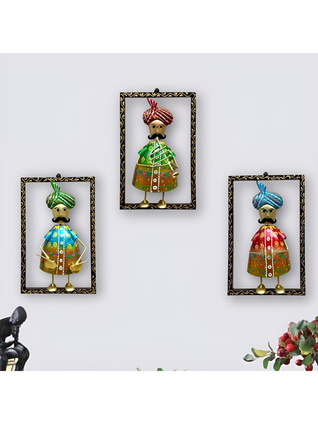 ANSHIKA INTERNATIONAL Green & Red 3 Pieces Moustache Sardar Wall Frames