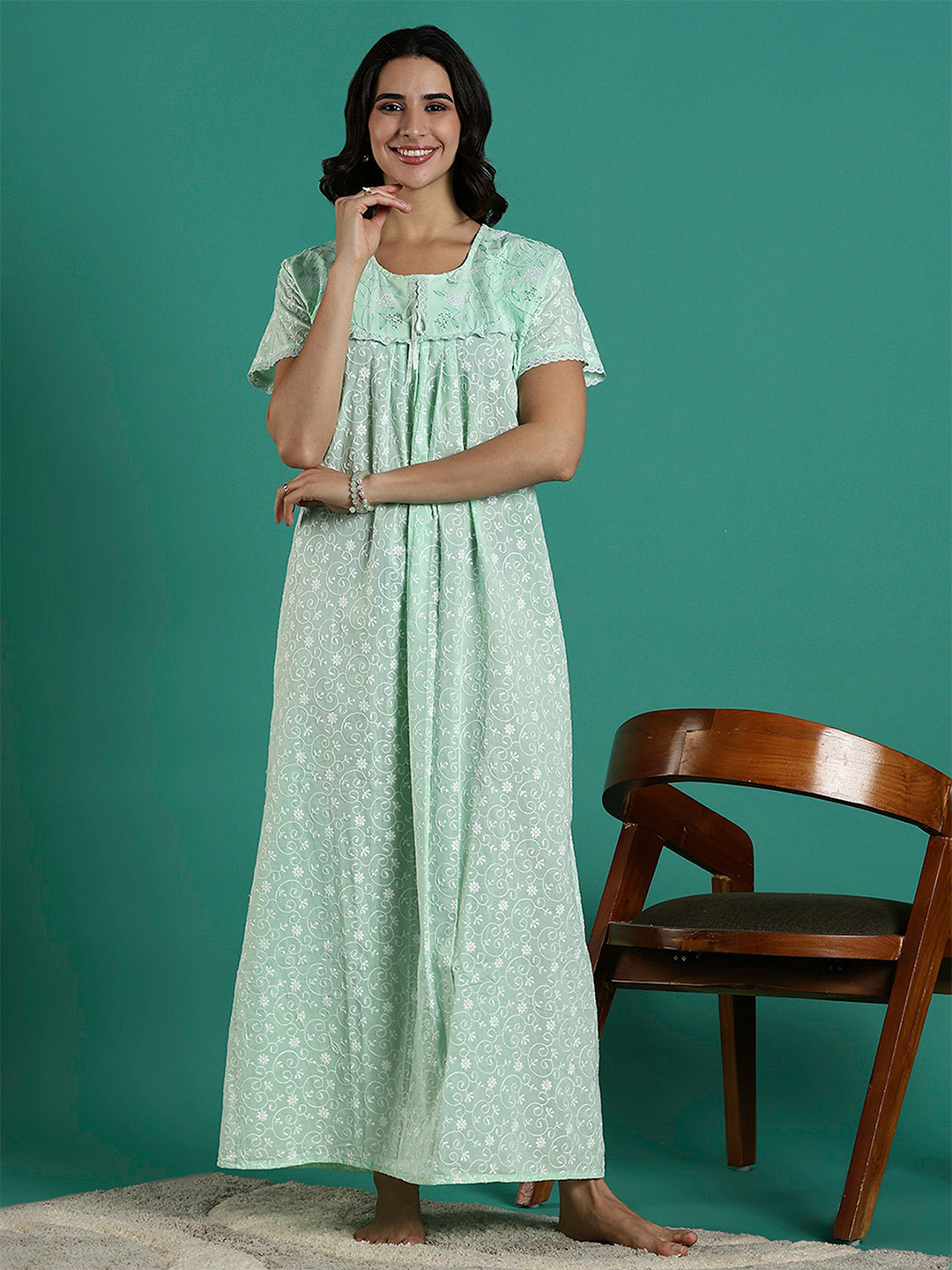 9shines Label Women Pure Cotton Embroidered Maxi Nightdress