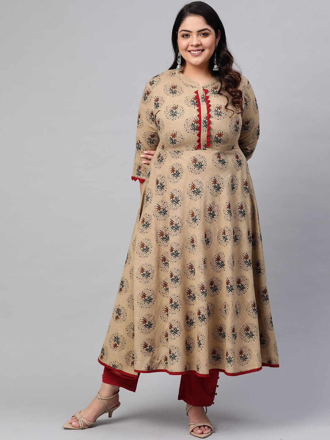 KALINI Women Beige Cotton Printed Anarkali Kurtas