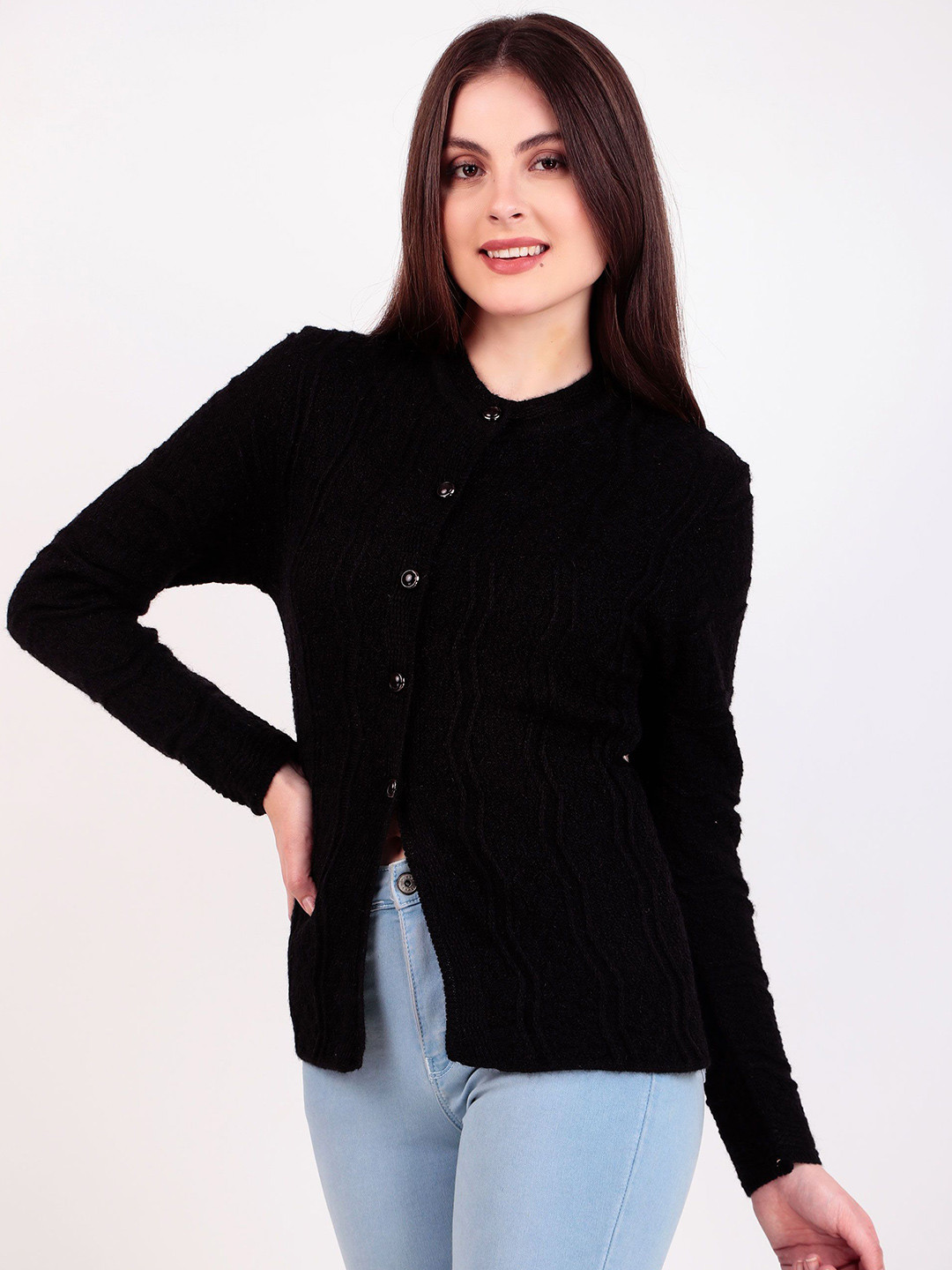 Brazo Women Open Knit Round Neck Cardigan