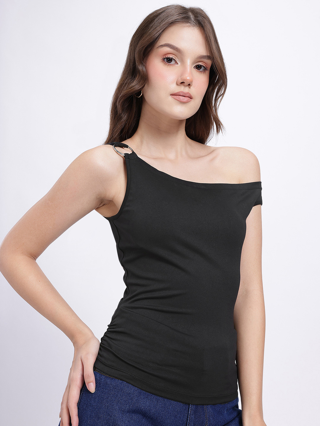 glitchez Off-Shoulder Sleeveless Ruched Fitted Top