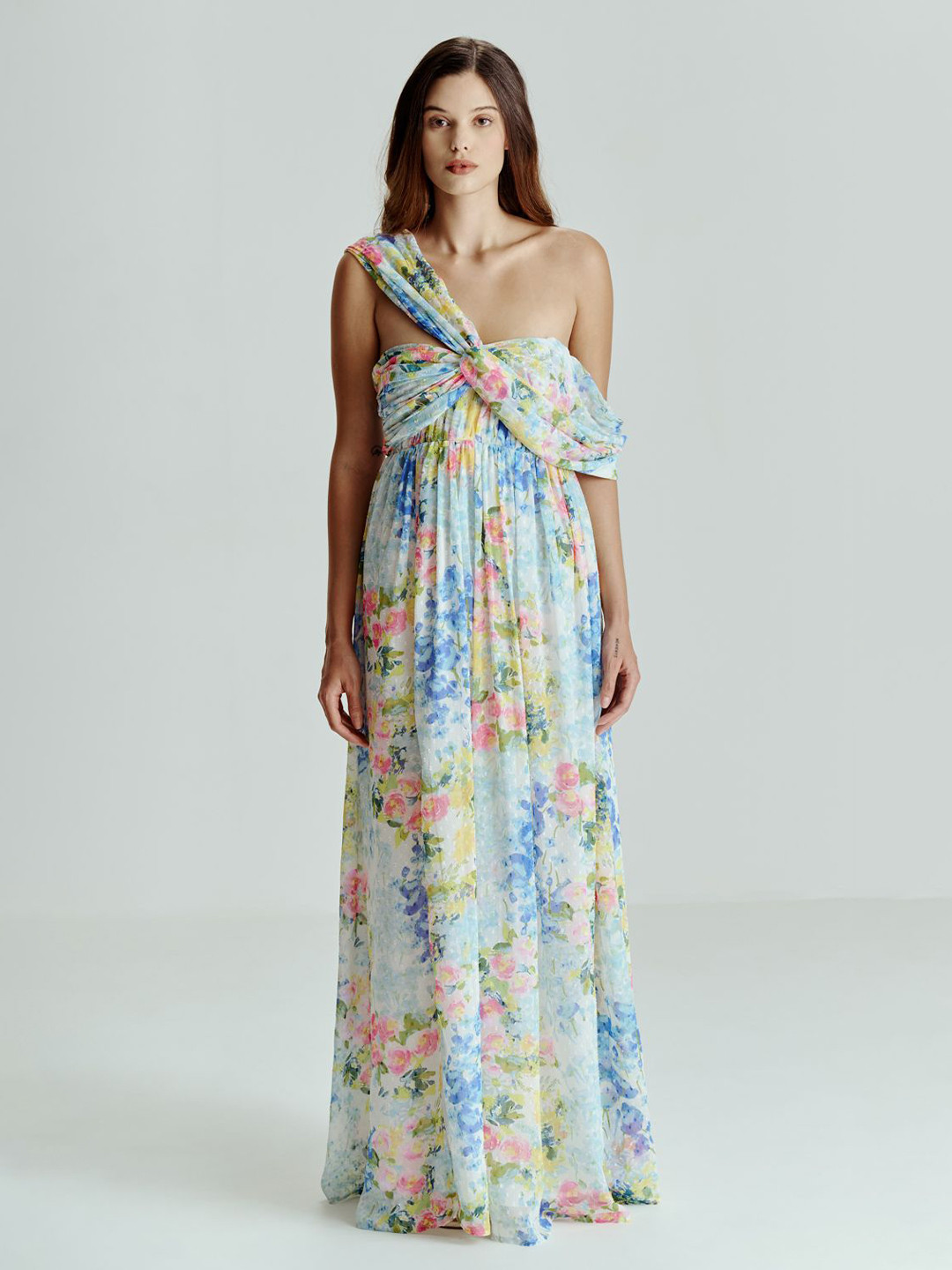 SOTBELLA Women Floral Printed One Shoulder Chiffon Drape Maxi Dress