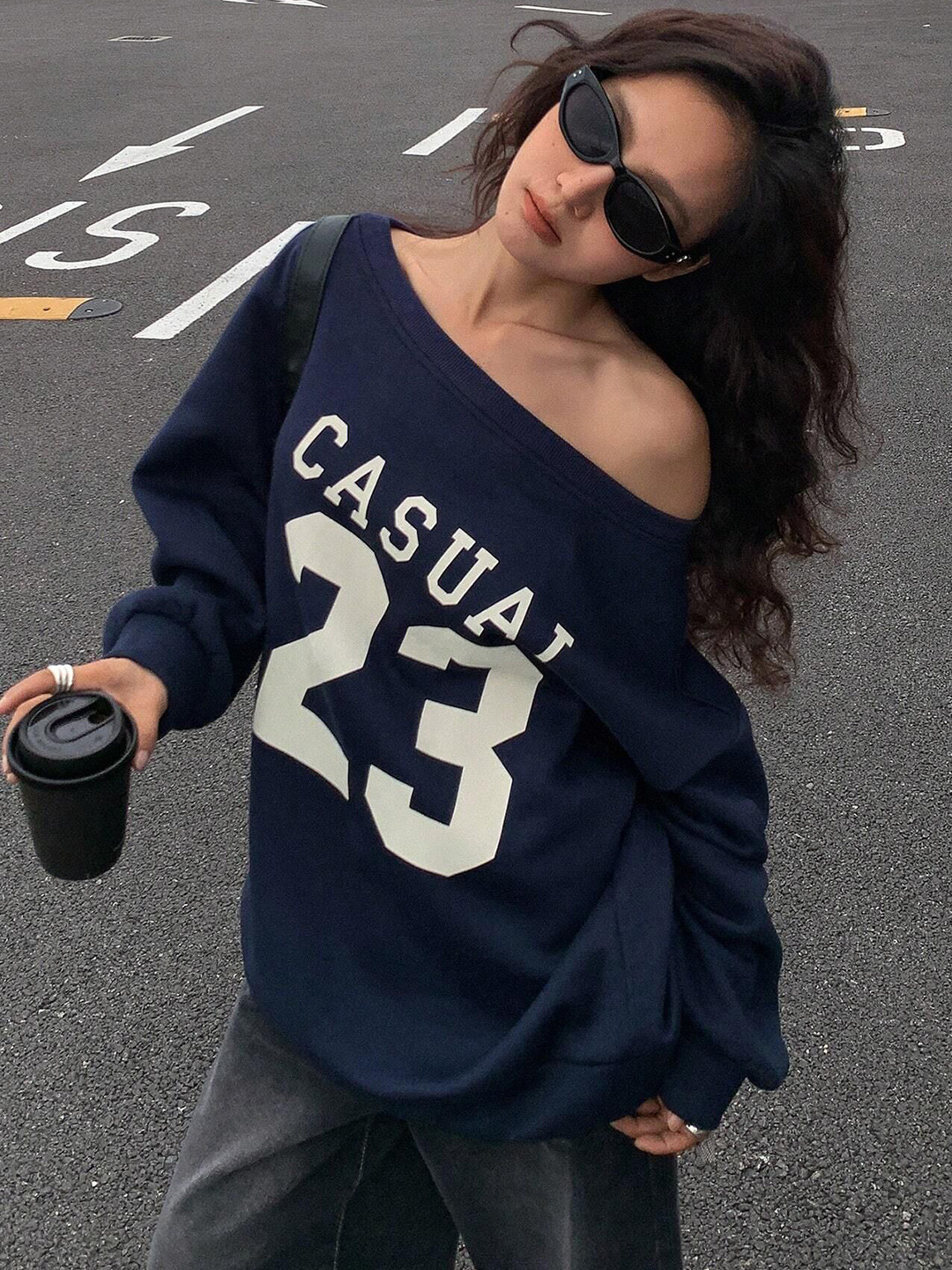 SXV STYLE Typography Printed Off Shoulder Fleece Cotton Pullover Sweatshirt