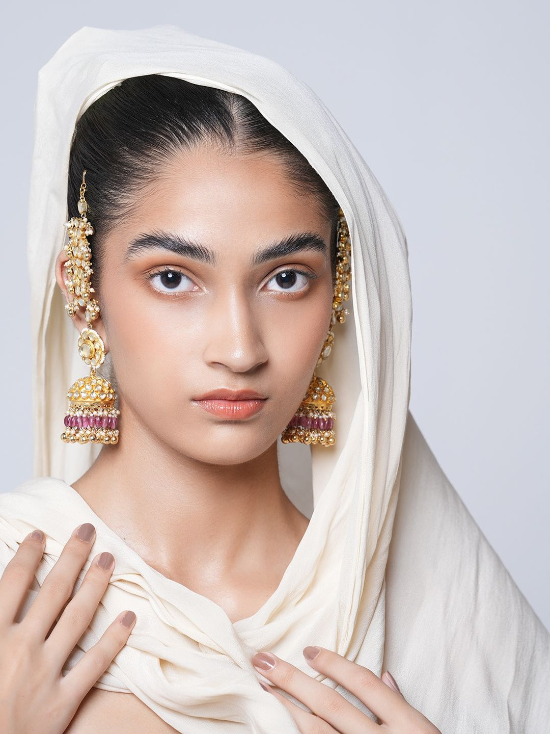 CAO Jewellery Kunadan Studded & Beaded Dome Shaped Jhumkas With Earchain