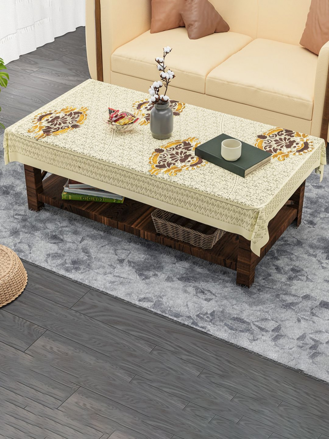 HOMESTIC Cream And Beige Floral Printed Anti-Skid Cotton 4-Seater Table Cover