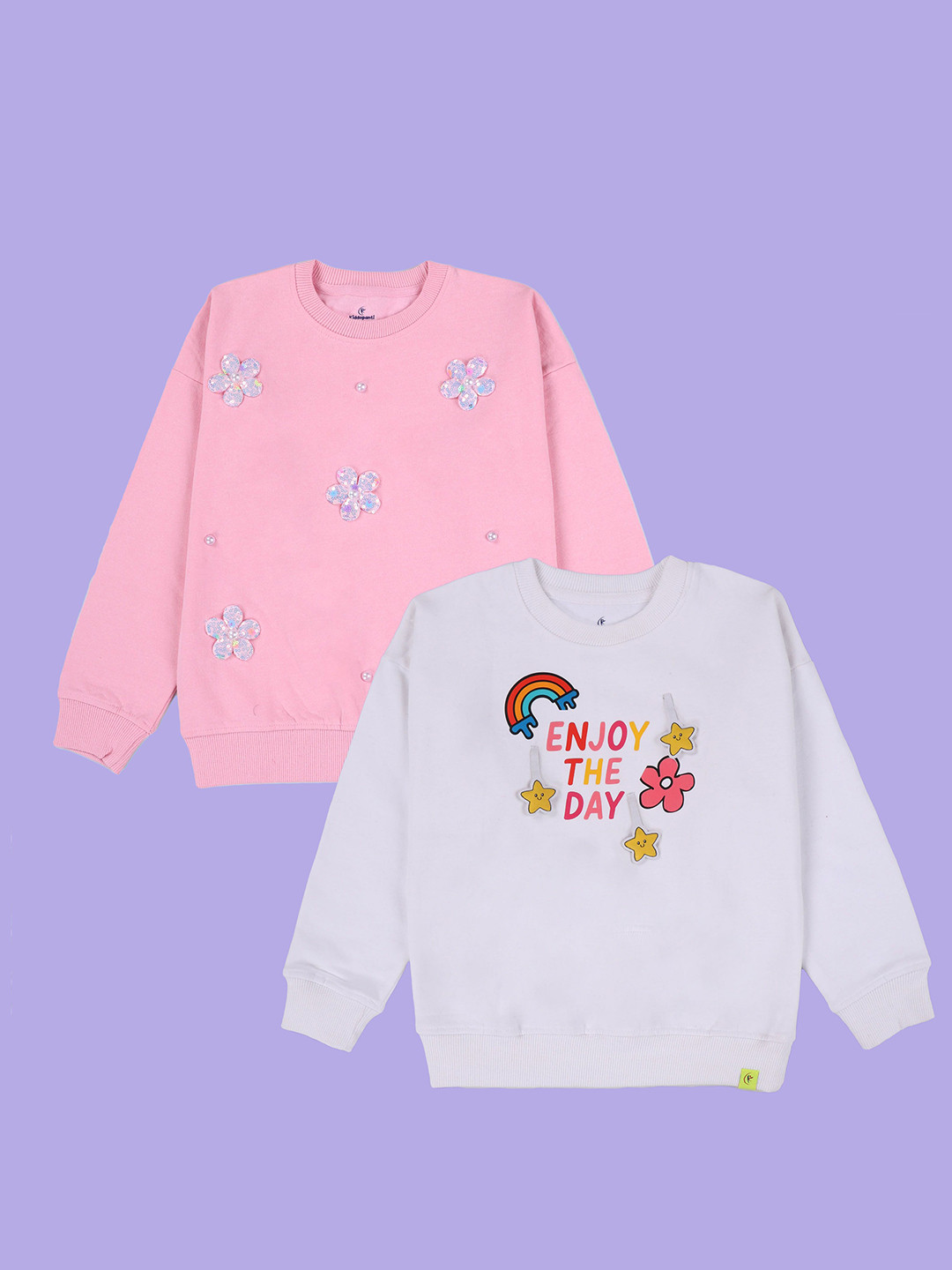 KiddoPanti Girls Pack Of 2 Self Design Embellished Pullover Sweatshirts