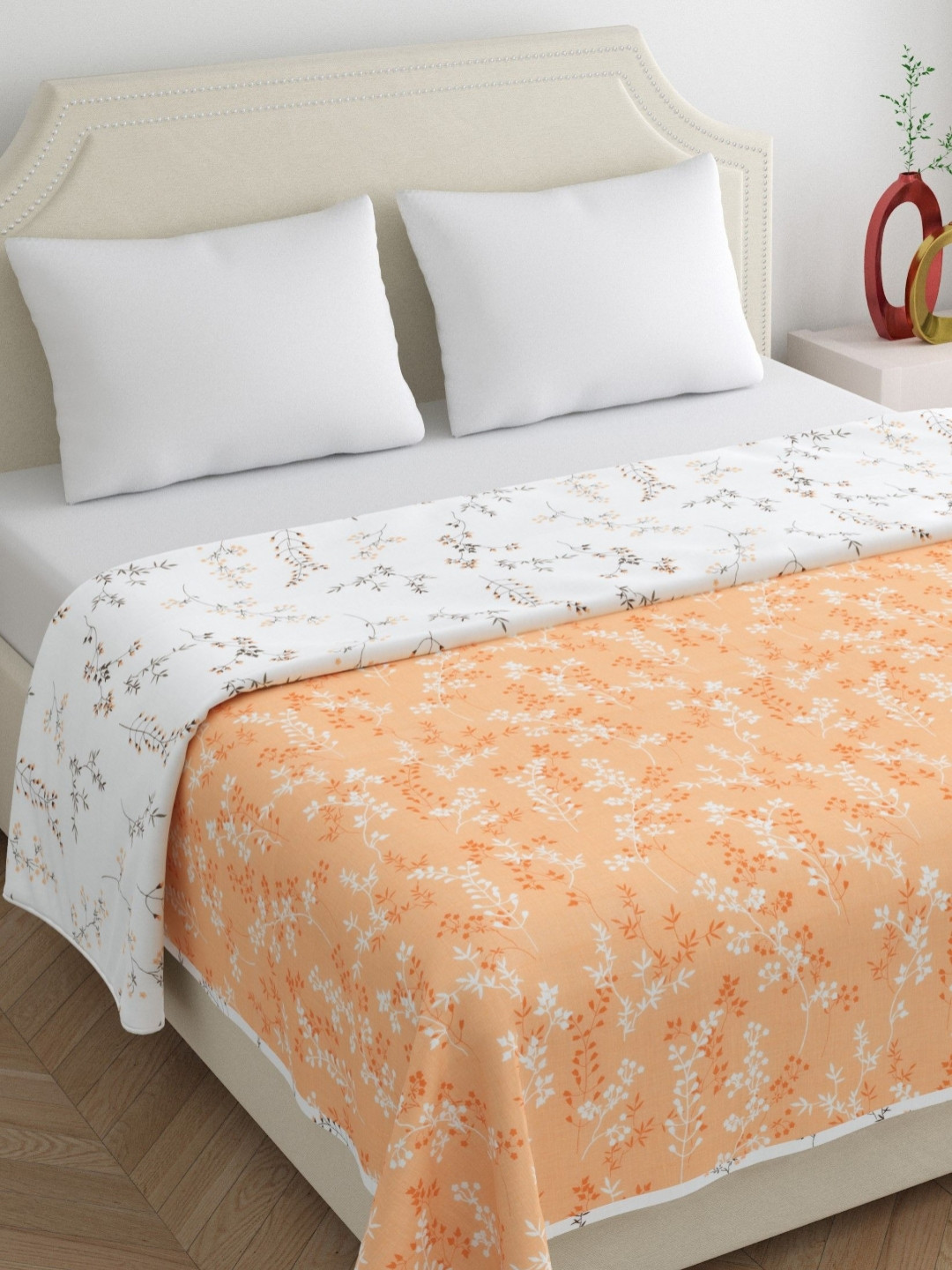 Home Ecstasy Orange & White Floral Printed Pure Cotton Summer 210 GSM Dohar