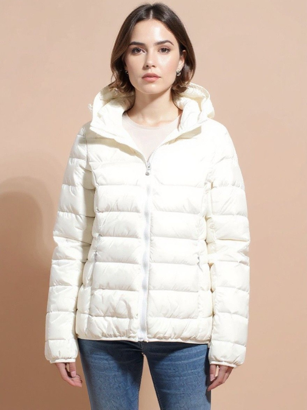 HERE&NOW Women White Nylon Solid Puffer Jackets