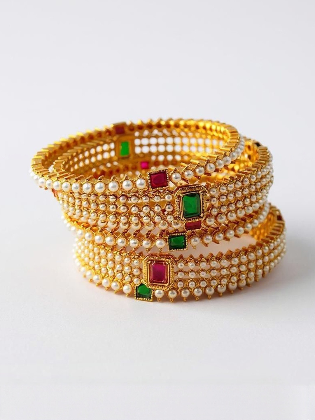 ANTIQUE JEWELLERY Set Of 6 Women Matte Gold Plated Pearl & Stone Studded Bangles