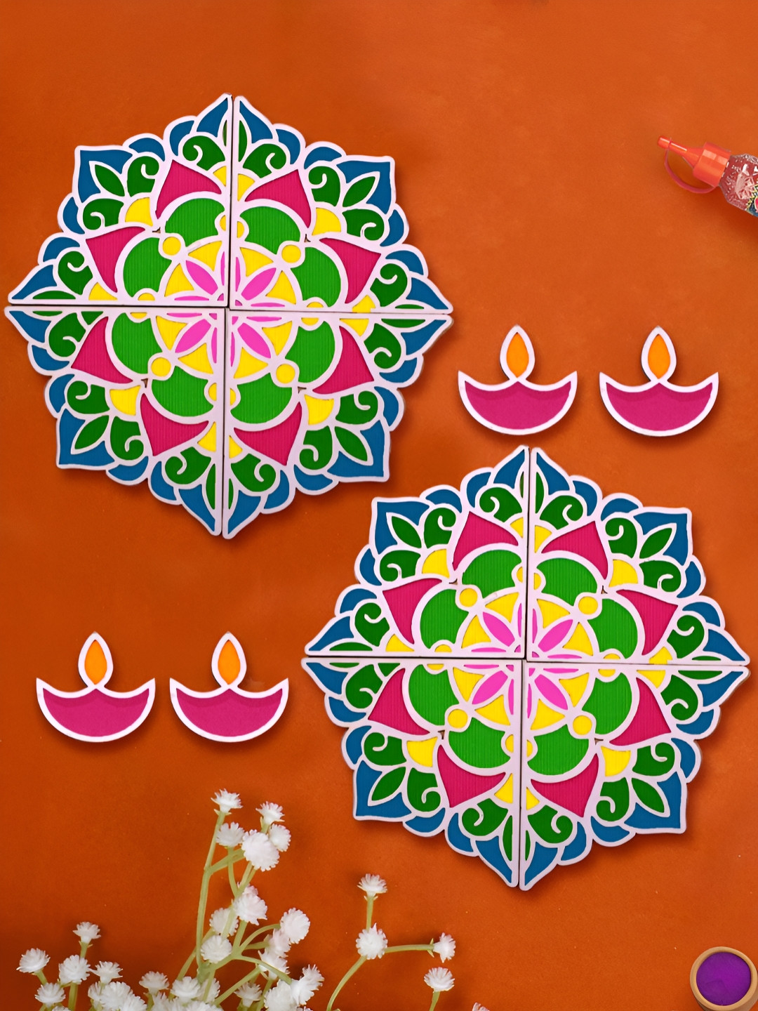 TIED RIBBONS 6-Pcs Beige & White Textured Rangoli Stencils with Diya