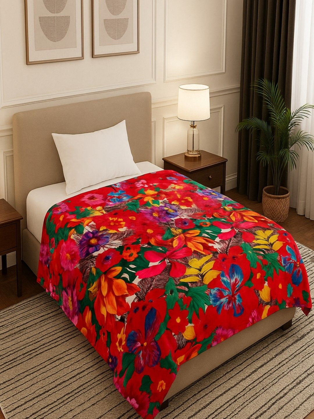 Threadwear Red & Green Floral Printed Woollen 300 GSM Blanket - 2.30 x 1.55 m