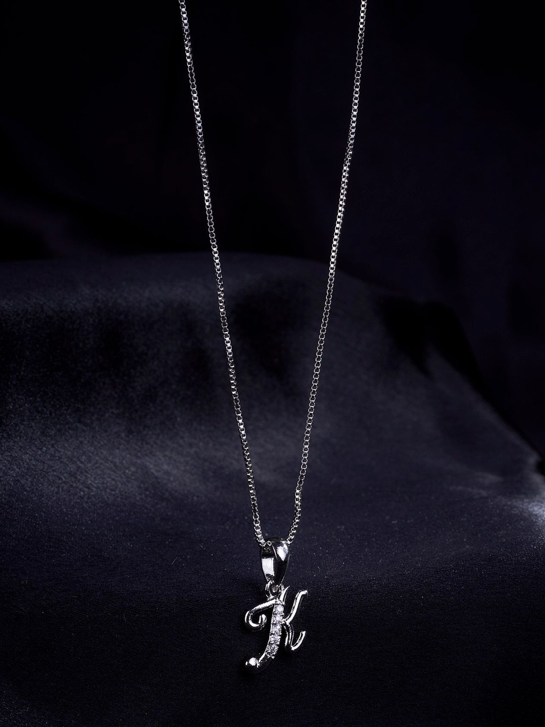 Opal Touch Rhodium-Plated Cubic Zirconia Studded Alphabet K Pendant With Chain