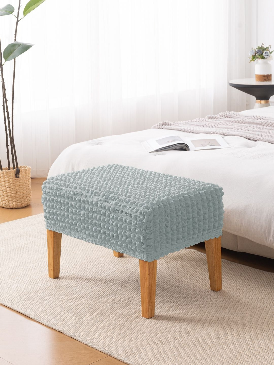 HOKIPO Aria Nova Light Grey 280 GSM Stretchable Bubble Small Ottoman Stool Cover