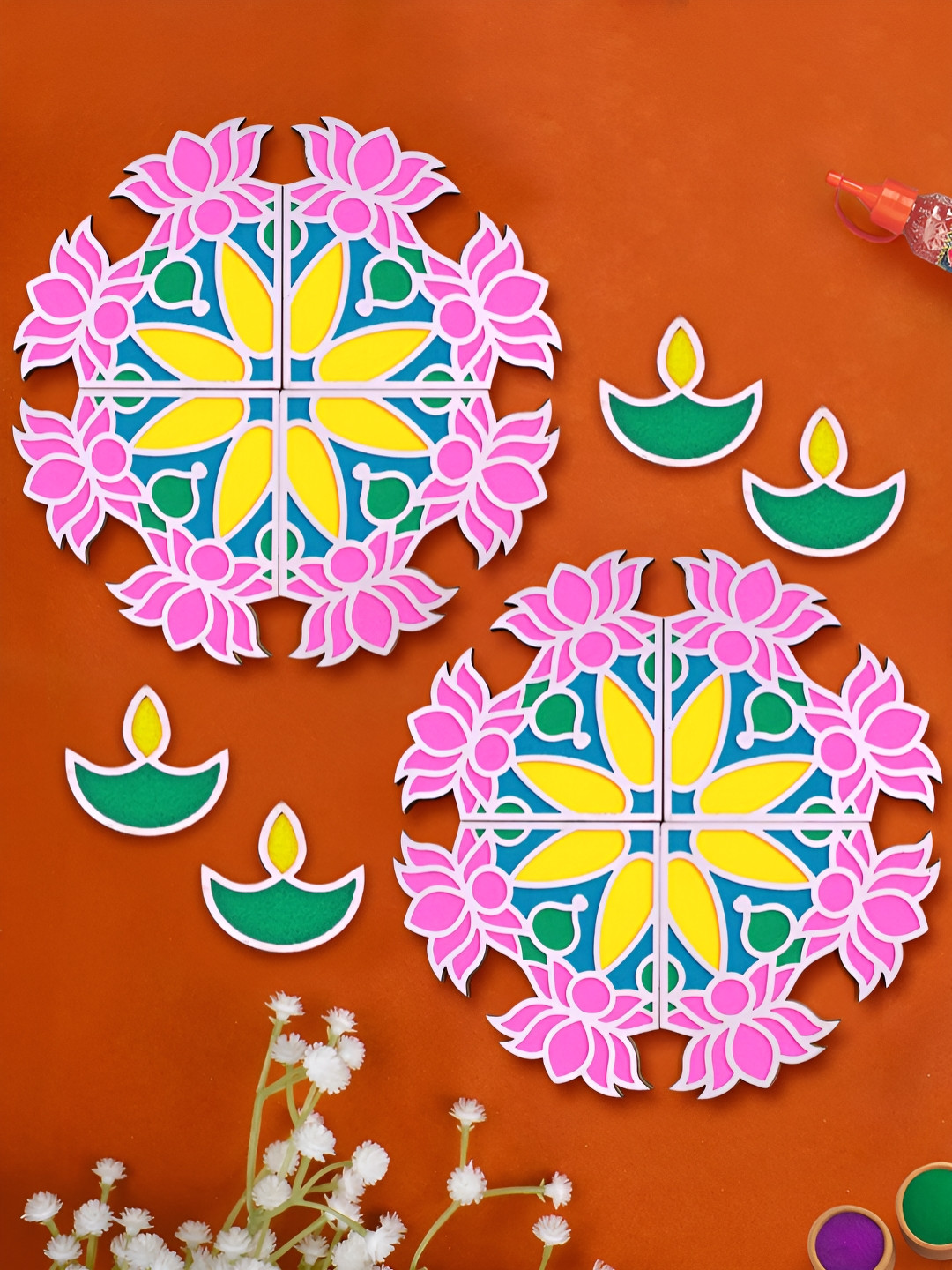 TIED RIBBONS 2 Pieces Pink & Blue Wooden Rangoli Mats With 4 Pcs Diyas