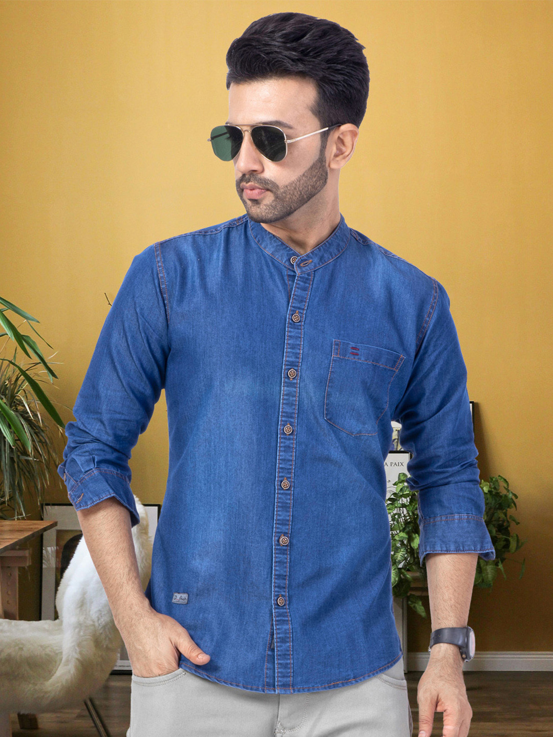 D Finish Men Smart Fit Faded Band Collar Casual Shirt