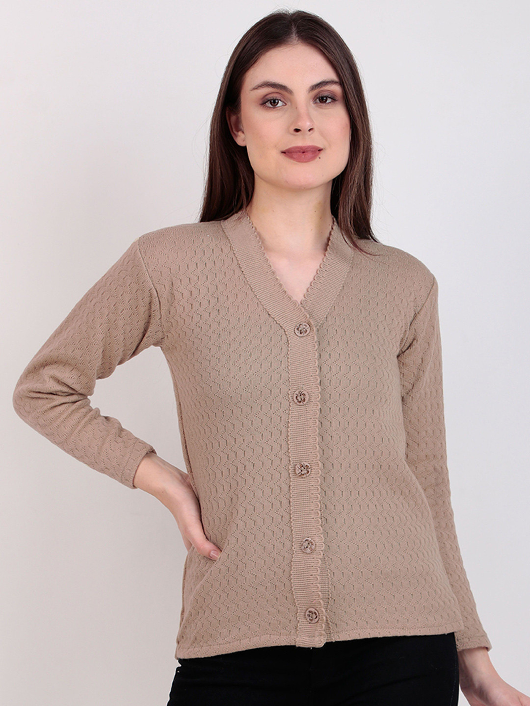 Brazo Women V-Neck Long Sleeves Woollen Cardigan