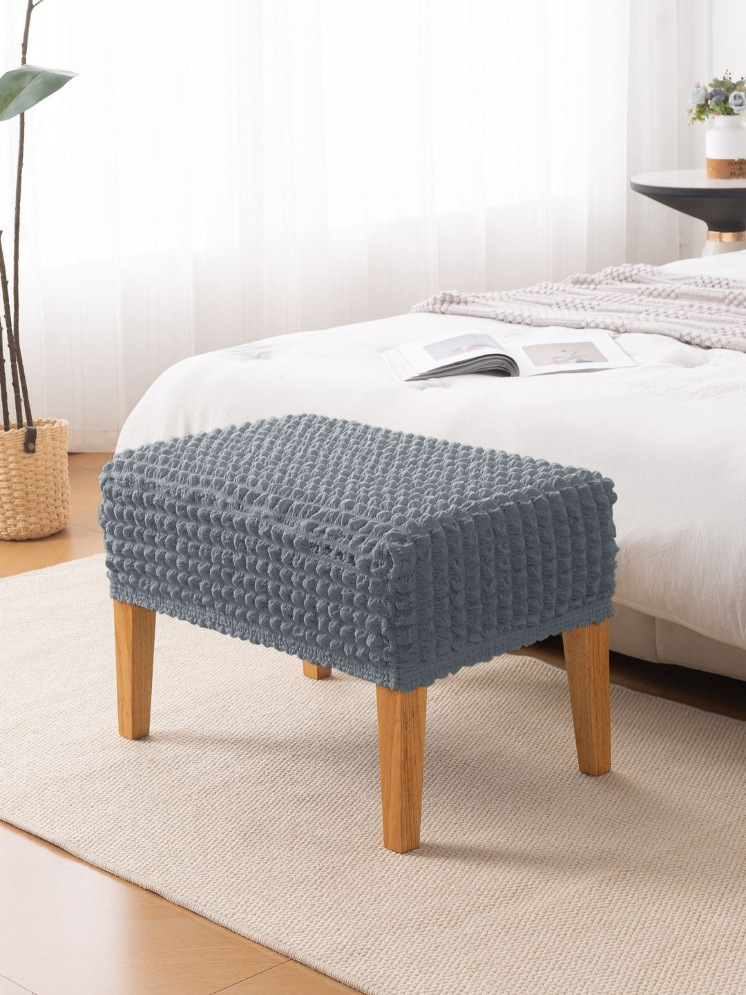 HOKIPO Aria Nova Dark Grey 280 GSM Stretchable Bubble Small Ottoman Stool Cover